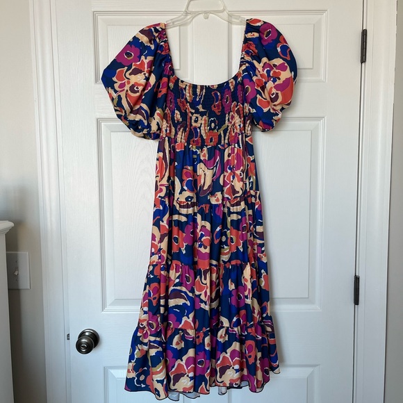 Sunday Up Multi-Colored Printed Tiered Puff Sleeve Midi Dress - Picture 1 of 5